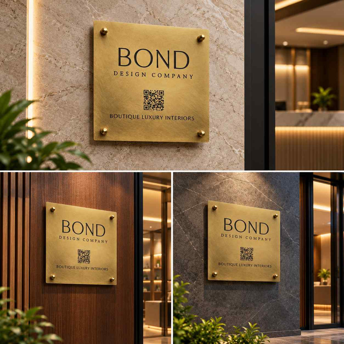 Custom Gold Business Name Plate with Logo, QR Code and Premium Office Signage
