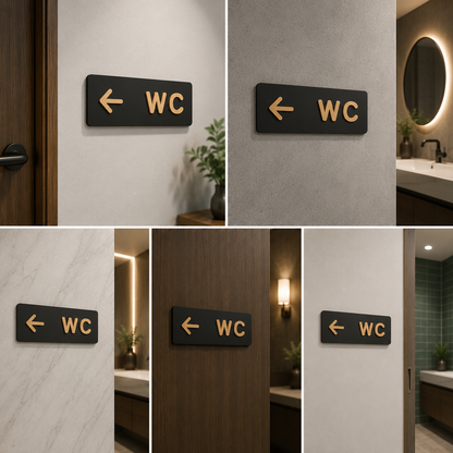 Modern WC Direction Sign Board with Arrow | Black & Gold Toilet Directional Signage for Offices & Commercial Spaces
