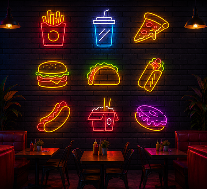 Fast Food Neon Sign Board Collection – Cafe & Restaurant Custom Neon Light Set (40 By 40 Inches)