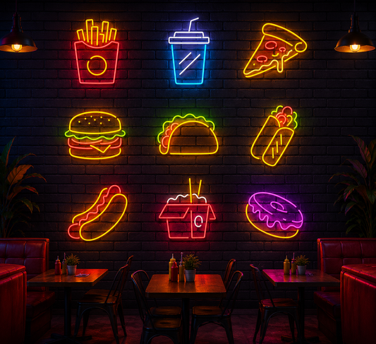 Fast Food Neon Sign Board Collection – Cafe & Restaurant Custom Neon Light Set (40 By 40 Inches)
