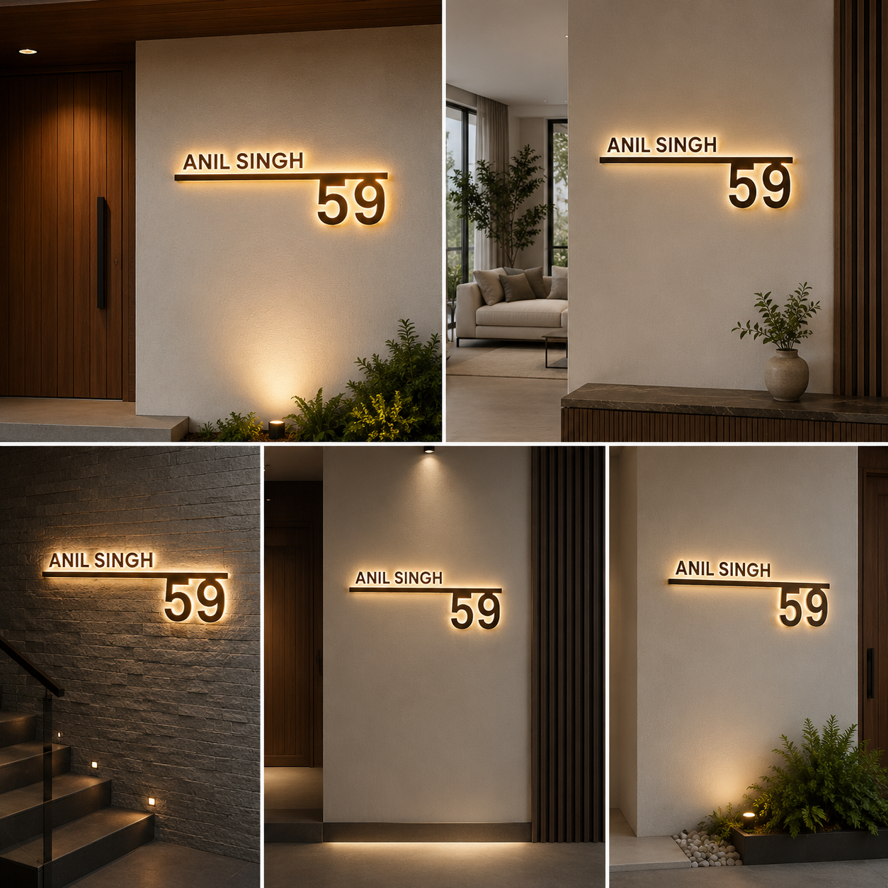 Modern Acrylic House Name Plate with Horizontal Bar Design & Flat Number for Main Door Address Sign