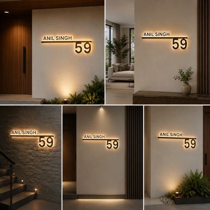 Modern Acrylic House Name Plate with Horizontal Bar Design & Flat Number for Main Door Address Sign