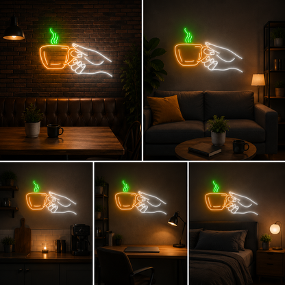 Coffee Hand Neon Sign Board – Cafe Custom Neon Light Wall Decor (24 By 10 Inches)