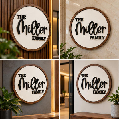 Premium Round Family Name Plate with Wooden Border and Elegant Black 3D Lettering