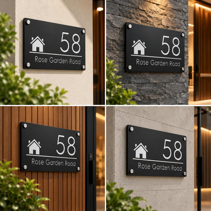 Premium Black House Number Plate with White Address Lettering and Modern House Icon Design