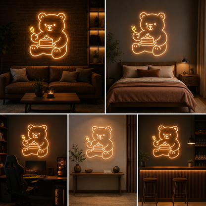 Teddy Bear Neon Sign Board with Cake | Cute Neon Name Light for Kids Room & Café Decor