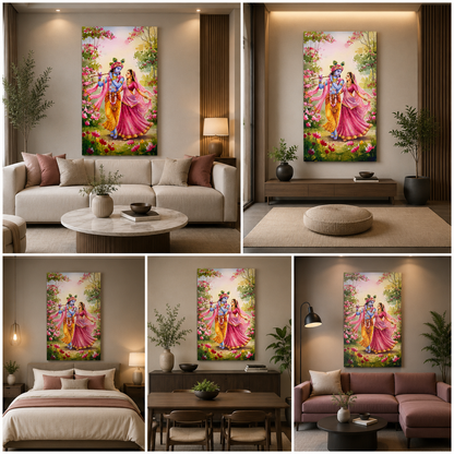 Radha Krishna Vertical Canvas Painting Frame Floral Garden Wall Decor for Living Room Spiritual Artwork