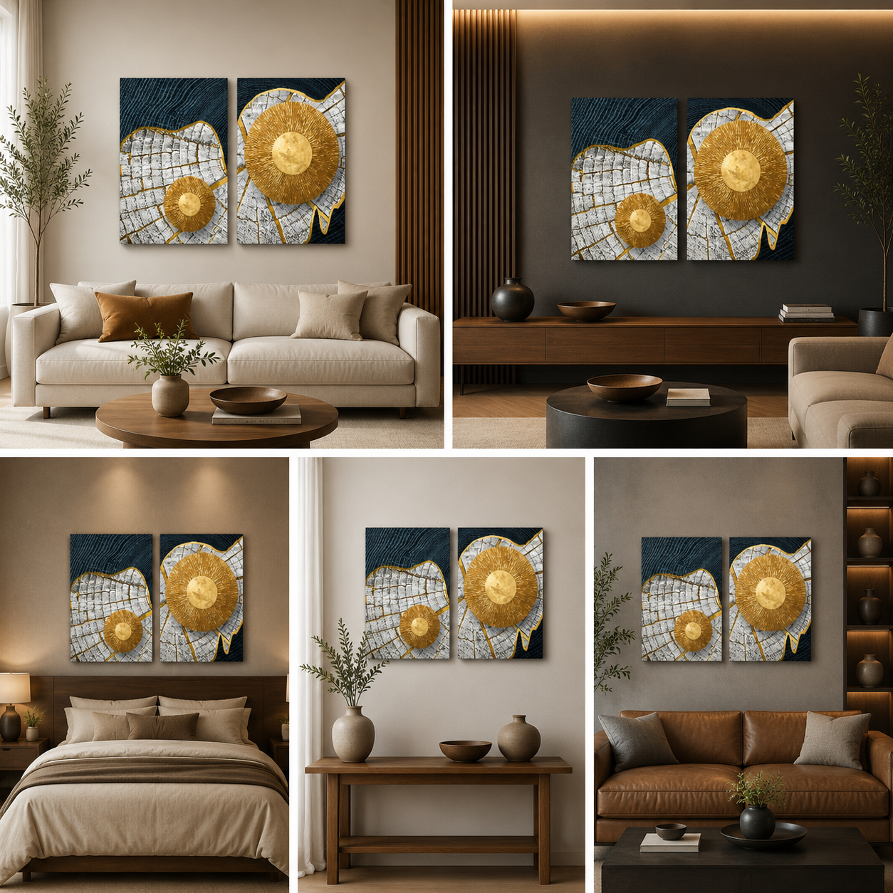 Gold Sunburst Abstract Canvas Painting Set of 2 Modern Wall Art (18 x 24 Inches Each Part)