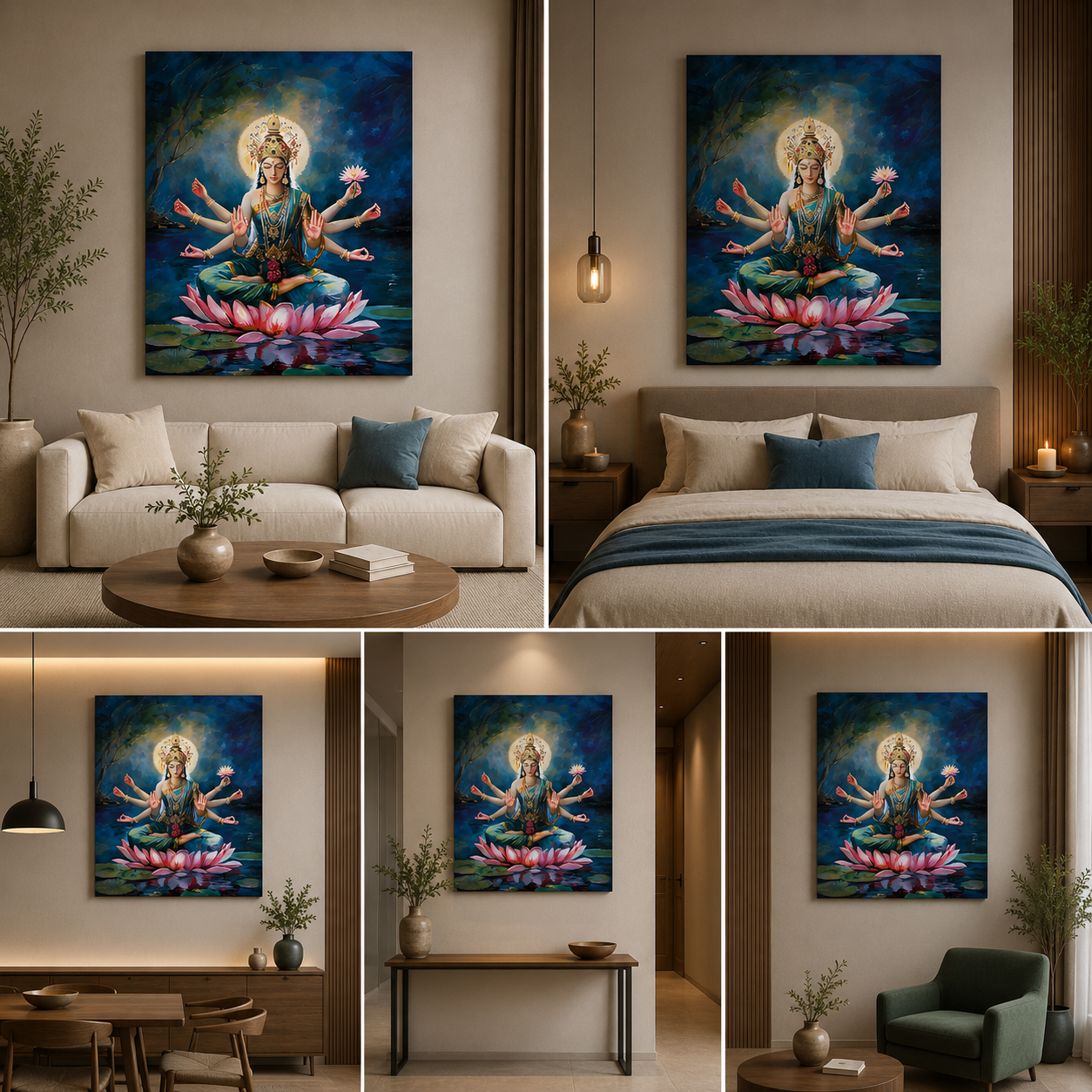 Goddess Lakshmi Lotus Canvas Painting Frame Wall Art Decor | Spiritual Lakshmi Devi Canvas Painting Frame for Living Room