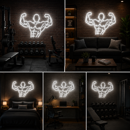 White Bodybuilder Neon Sign for Gym, Fitness Studio, Home Workout and Modern Decor