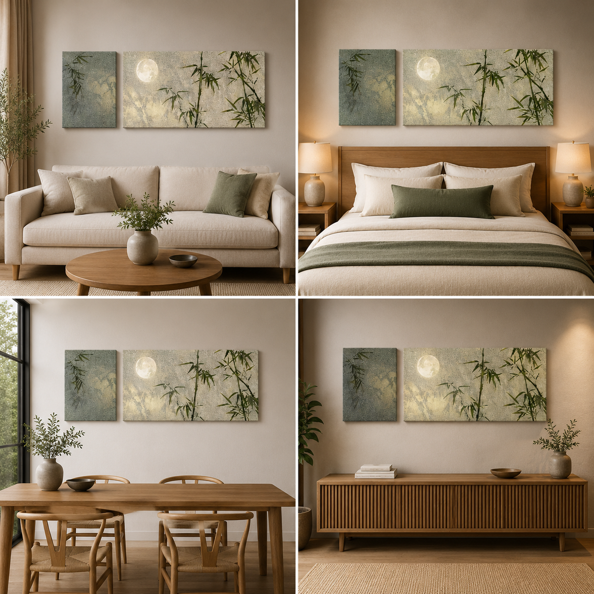 Minimalist Moon and Bamboo Landscape Diptych Canvas Wall Art for Modern Home Decor