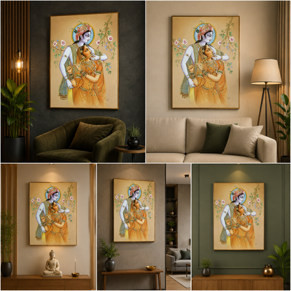 Radha and Krishna embracing against a warm gold background with floral details, shown as framed canvas wall art above seating and consoles in five room settings.