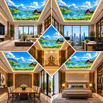 3D Mountain Lake Ceiling Design with Snowy Peaks, Blue Water & Alpine Landscape