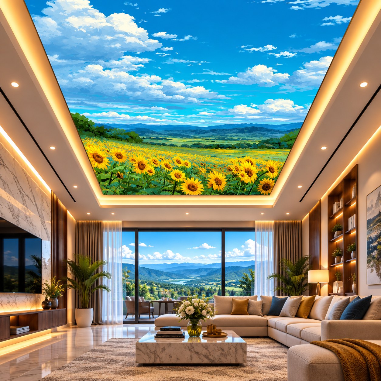 3D Sunflower Sky Ceiling Design with Blue Sky & Clouds for Modern Home & Office