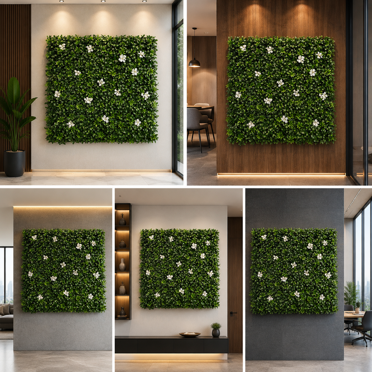 Premium Artificial Floral Hedge Wall Panel 1 x 1 Meter | Decorative Green Wall with White Flowers for Home, Office & Commercial Spaces