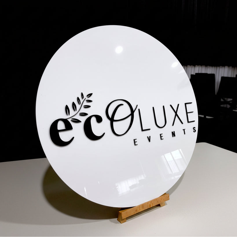 Eco Luxe Events round acrylic sign board 3D logo display event branding decor