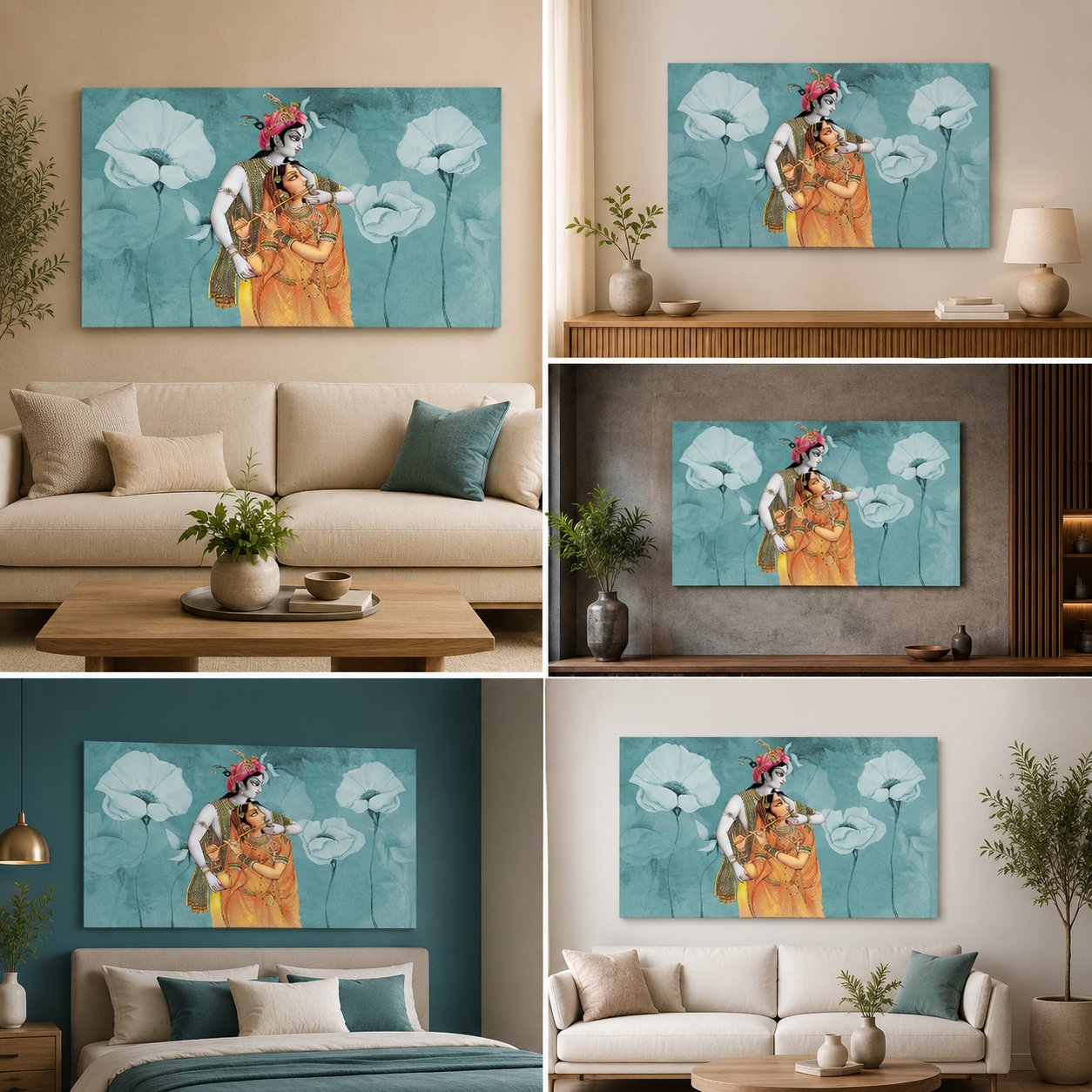 Radha Krishna Floral Pastel Canvas Painting Frame Horizontal Wall Art for Living Room Decor