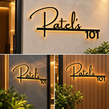 Custom LED Name Plate for Home Entrance, Backlit Black Metal Style Sign with House Number