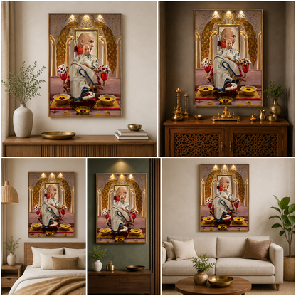 Guruji Swaroop Canvas Painting with Peacock Motif – Premium Religious Wall Art Canvas Painting Frame for Living Room