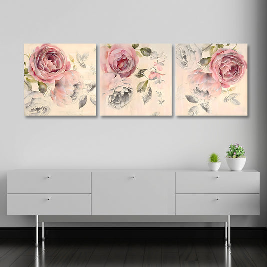 Elegant floral wall art set of 3 with vintage rose design in soft pastel tones

