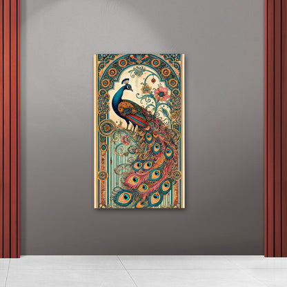 Elegant peacock canvas painting with ornamental vintage design wall decor