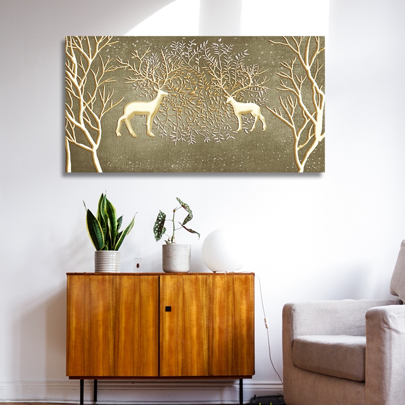 elegant deer tree canvas wall art painting frame gold textured nature home decor