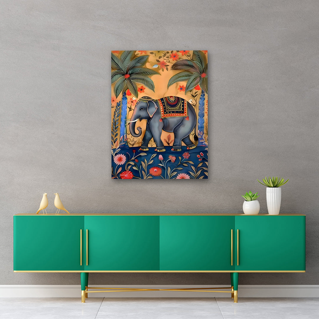 Traditional elephant canvas wall art with floral and jungle theme for home decor
