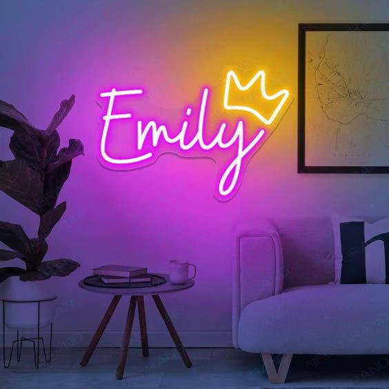 Emily neon sign board with crown pink yellow neon light name plate wall decor