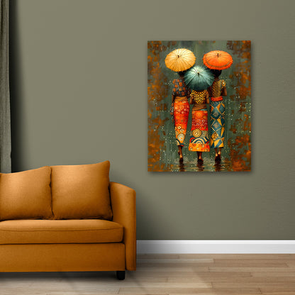 ethnic women with umbrellas colorful cultural wall painting canvas art