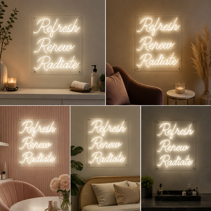 Refresh Renew Radiate LED Neon Sign | Motivational Wall Light for Spa, Salon, Clinic & Wellness Centre