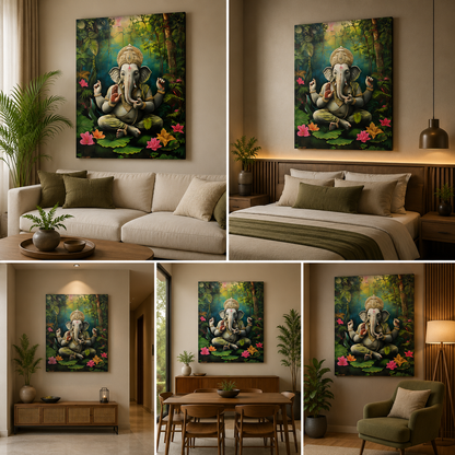 Lord Ganesha Nature Canvas Painting Frame Spiritual Wall Decor for Living Room