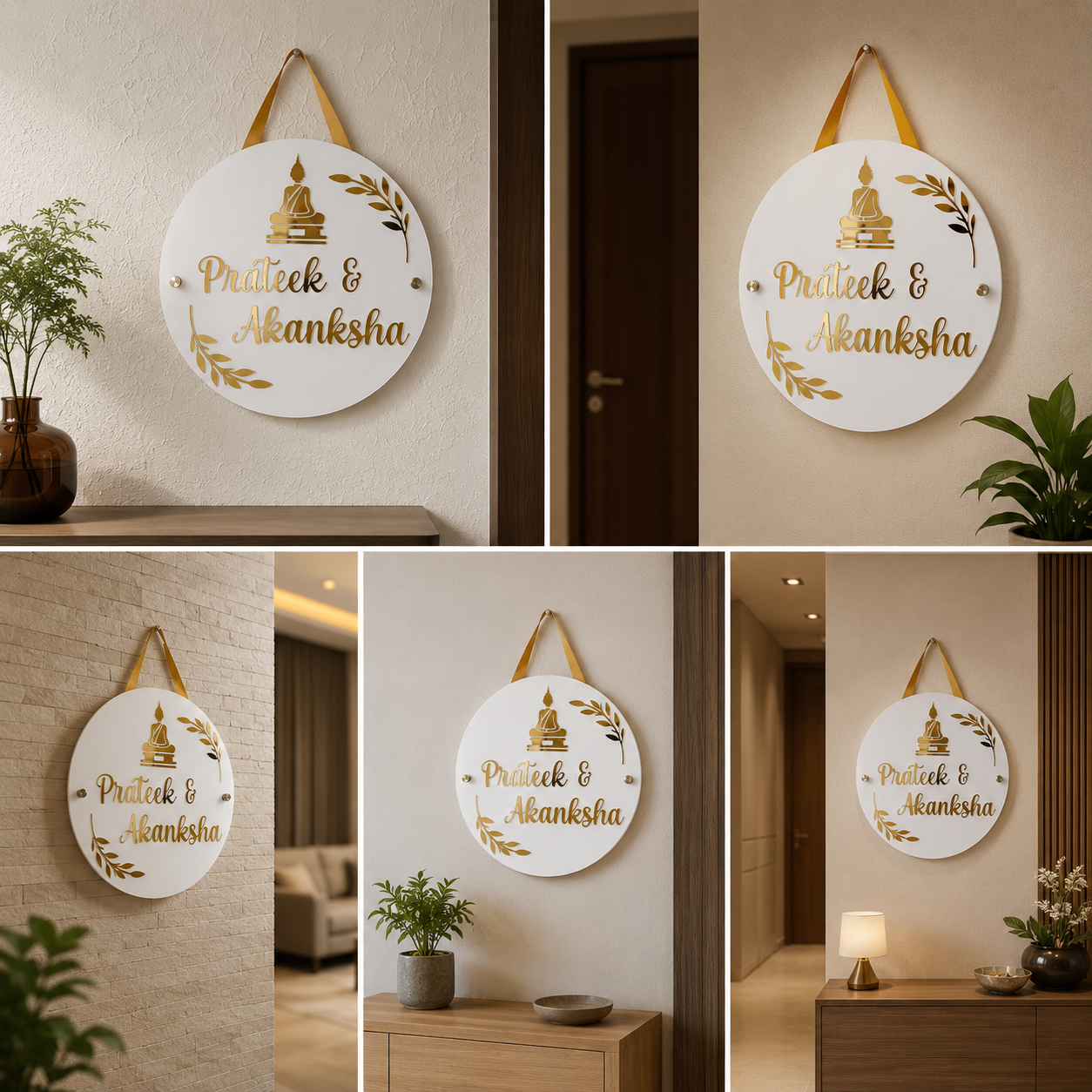 Round Acrylic Couple Name Plate with Buddha Design | Premium Personalized Home Door Name Sign