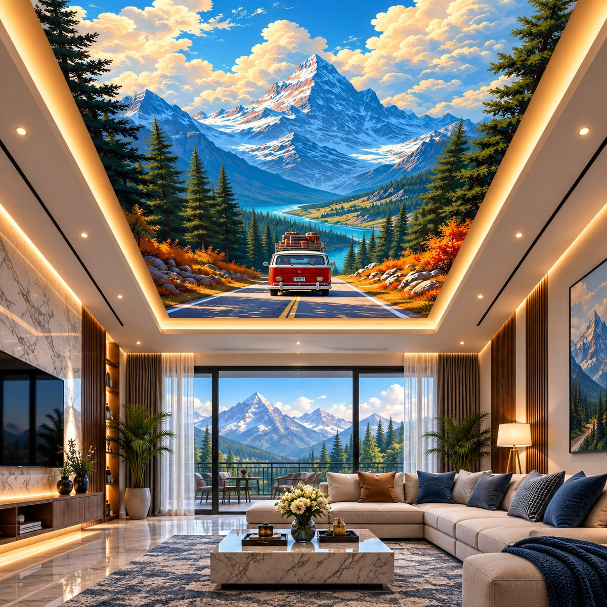 3D Green Hills Sky Ceiling Design with Blue Sky & Clouds for Home and Office