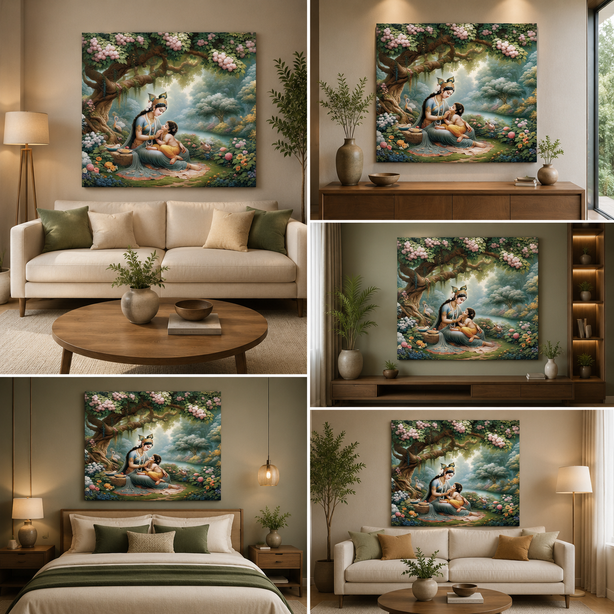 Yashoda Krishna Garden Canvas Painting Frame Wall Decor for Living Room Nature Spiritual Artwork