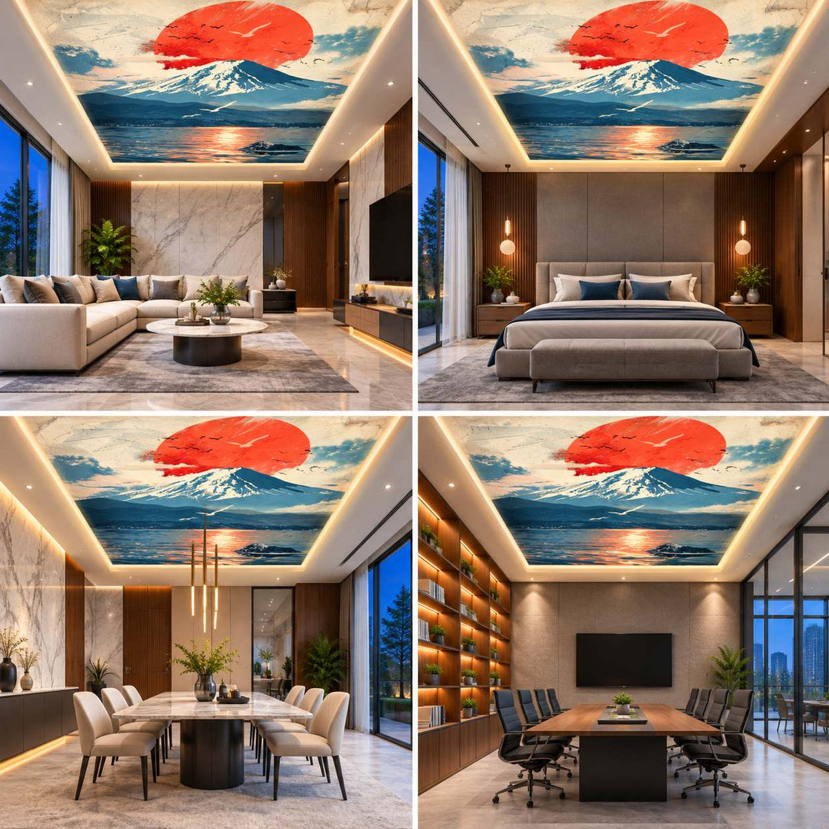 Japanese Mount Fuji 3D Sky Ceiling Design – Red Sun & Mountain View
