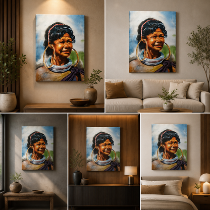 Tribal woman portrait with large hoop earrings canvas artwork shown on a wooden wall and above a sofa, consoles and bed.