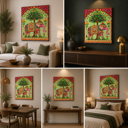 Traditional Elephant Tree of Life Canvas Painting – Colorful Ethnic Animal Wall Art Canvas Painting Frame for Living Room
