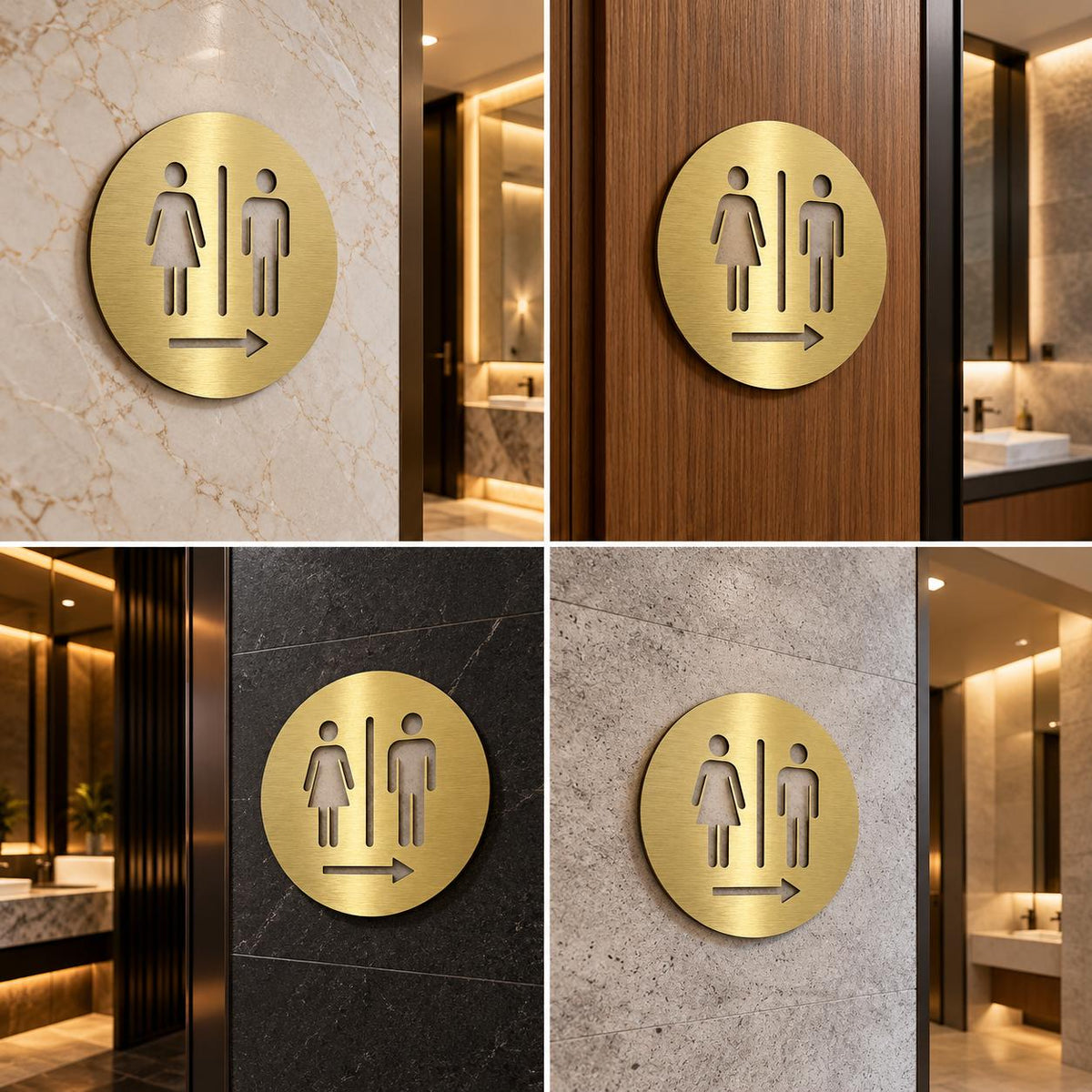 Round Gold Restroom Direction Sign with Male and Female Symbols, Modern Wall Mounted WC Sign (8 x 8 inches diameter)