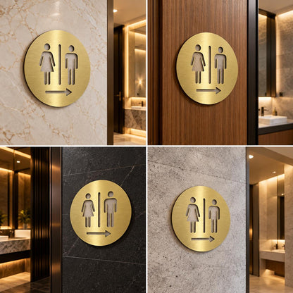 Round Gold Restroom Direction Sign with Male and Female Symbols, Modern Wall Mounted WC Sign (8 x 8 inches diameter)