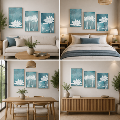 3-Piece Lotus Flower Canvas Wall Art Set with Serene Blue Botanical Design for Home Decor