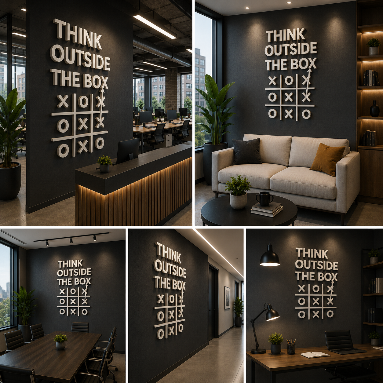 Think Outside The Box 3D Wall Sign | Creative Office Wall Decor | Modern Typography Wall Art with Tic Tac Toe Design