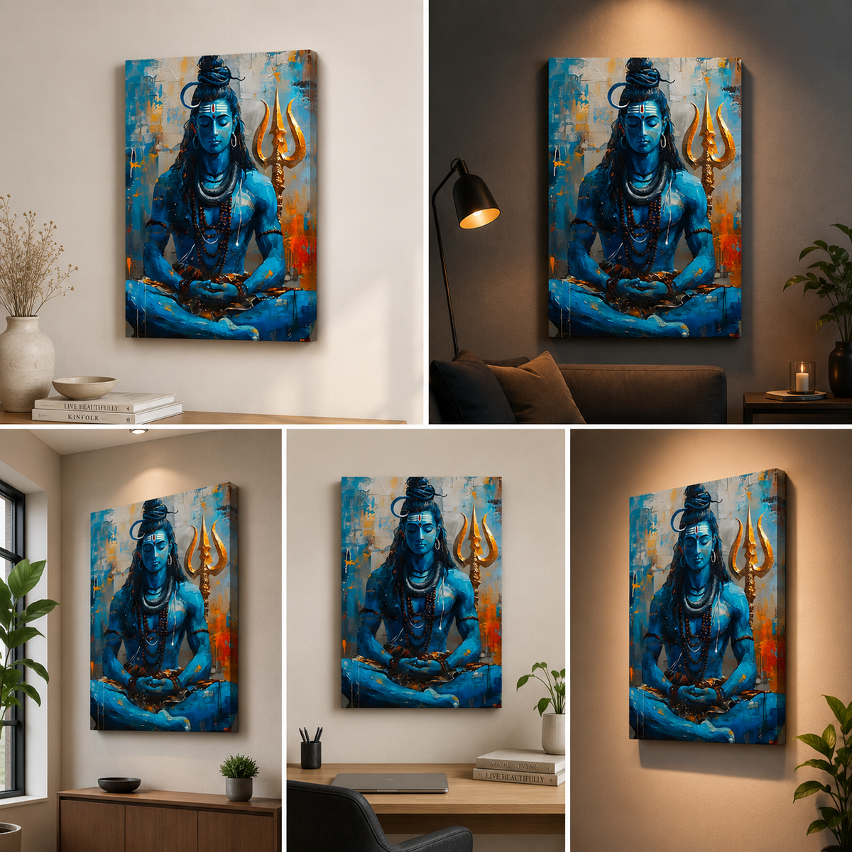 Blue Lord Shiva seated in meditation beside a gold trident, shown as canvas wall art above a sofa, shelf, console and desk and on a softly lit wall.