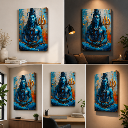 Blue Lord Shiva seated in meditation beside a gold trident, shown as canvas wall art above a sofa, shelf, console and desk and on a softly lit wall.