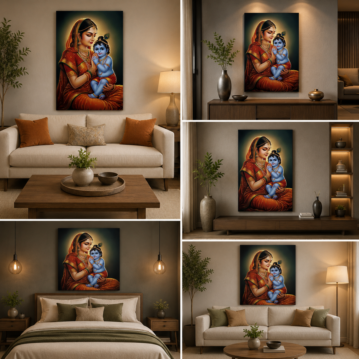 Yashoda Krishna Portrait Canvas Painting Frame Wall Decor for Living Room Vertical Spiritual Artwork