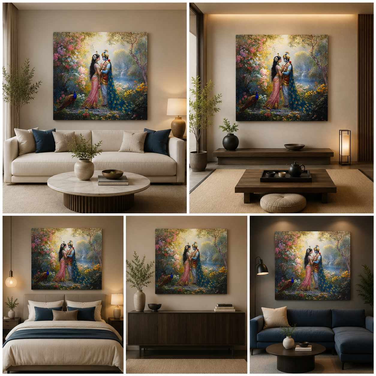 Radha Krishna Garden Canvas Painting Frame Peacock Nature Wall Art for Living Room Décor