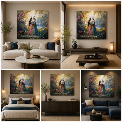Radha Krishna Garden Canvas Painting Frame Peacock Nature Wall Art for Living Room Décor