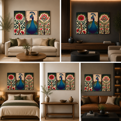Peacock Madhubani Canvas Painting 3 Panel Wall Art for Living Room (12 x 24 Inches Each Part)