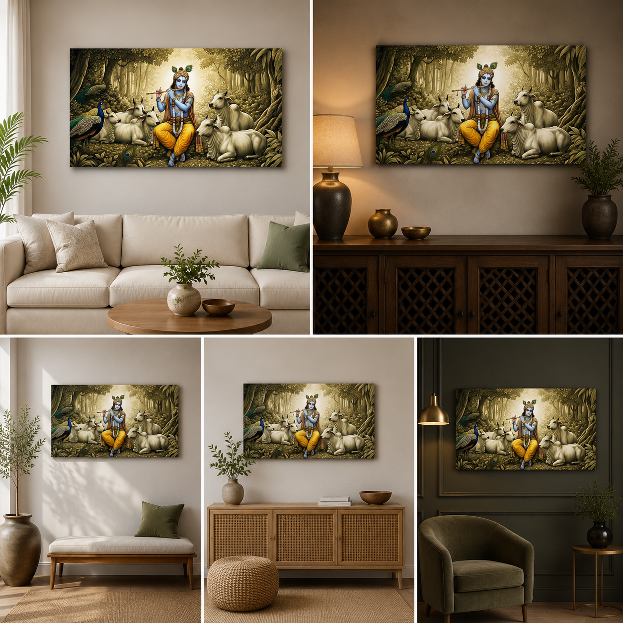 Lord Krishna with Cow Canvas Painting Frame Wall Decor for Living Room Spiritual Nature Artwork