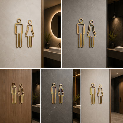 Premium Gold Metal Restroom Sign Icons | Male Female Washroom Signage for Luxury Interiors & Commercial Spaces