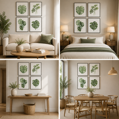 4-Piece Tropical Botanical Canvas Wall Art Set with Green Monstera Leaf Prints for Home Decor